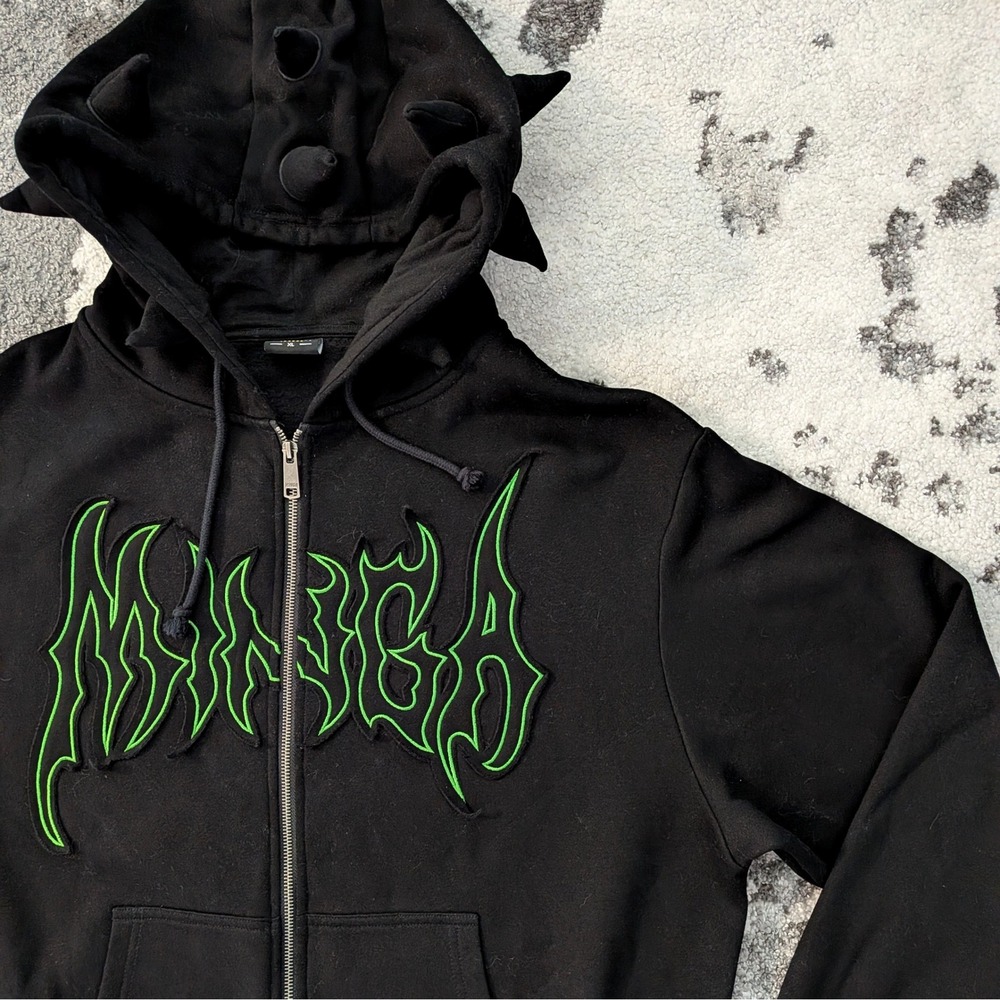 Minga London Black Spiked Hood‎ Green Embroidered Logo Zip Up Hoodie XL